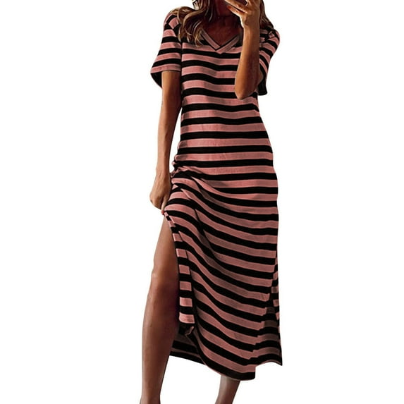 Brilliant Dresses for Women Plus Size on Women Summer Casual Short Sleeve V-Neck Stripe Dress Slit Hem Loose Dress Pink L