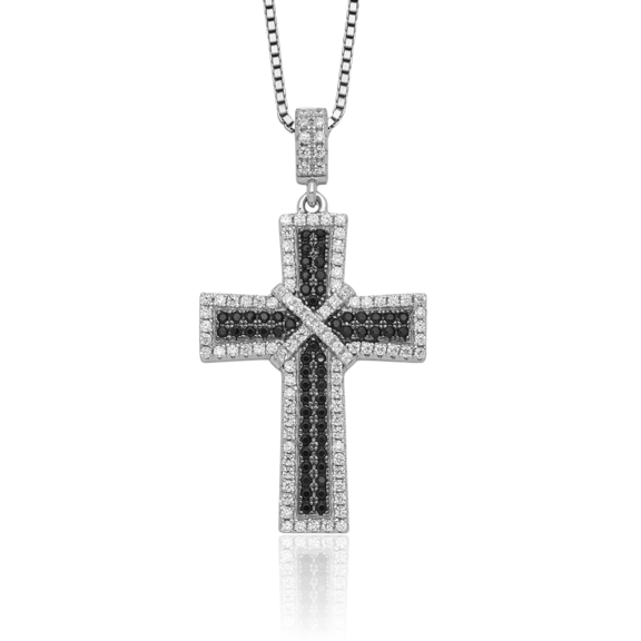 925 Sterling Silver Black White Cubic Zirconia CZ Holy Cross Chain Necklace