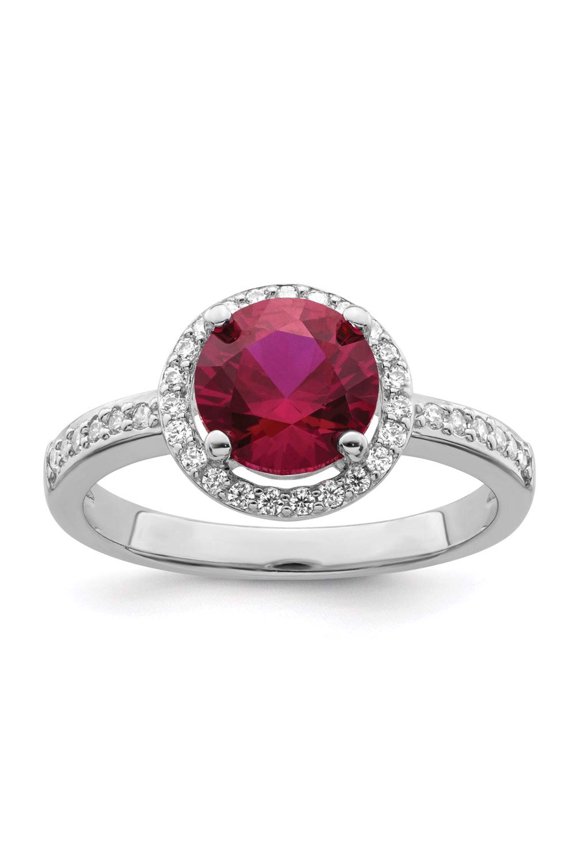 Brilliant Embers Sterling Silver Rhodium-plated 35 Stone Red Corundum and CZ Halo Ring