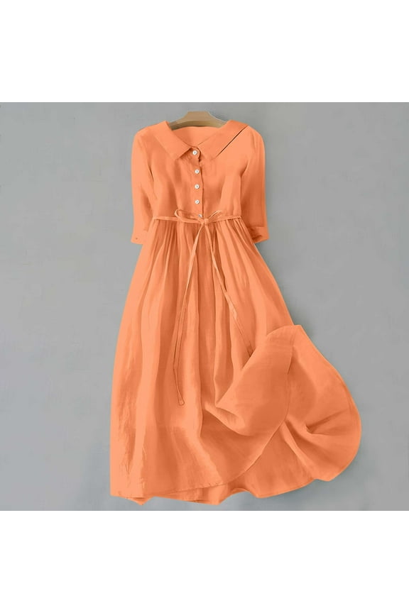 Brilliant Fall Dresses for Women 2024 Maxi Light Weight Women Casual Solid Color Loose Cotton and Linen Pleated Button Lace Up 3/4Sleeve Dress Orange S