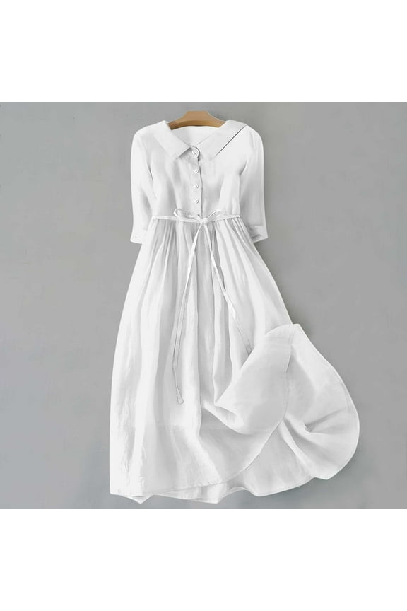 Brilliant Fall Dresses for Women 2024 Maxi Light Weight Women Casual Solid Color Loose Cotton and Linen Pleated Button Lace Up 3/4Sleeve Dress White L