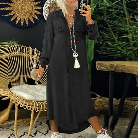 Brilliant Fall Dresses Womens Dresses under $5.00 Women Dress V-Neck Roll Sleeve Button Loose Long Dress Black Dress Jean Skirt PLus Size Denim Dress