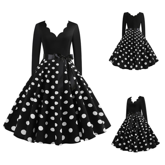 Brilliant Fall Dresses for Wedding Women Women's V-Neck Print Polka- Long-Sleeved Casual Bow Tie Stitching Large Dress Black L