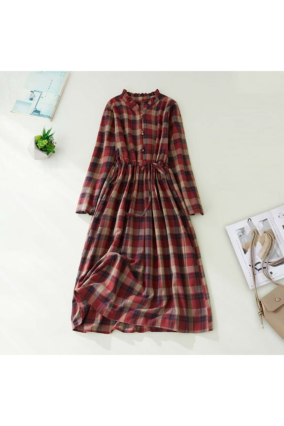 Brilliant Fall Dresses for Women 2024 Maxi Women's Retro Waist Waist Slim Lace Up Mid Length Plaid Cotton Linen Dress Red L
