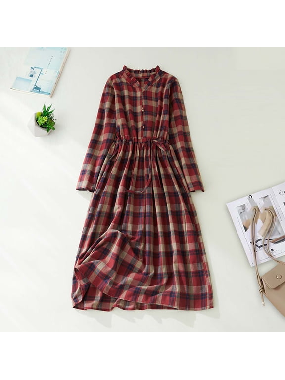Brilliant Fall Dresses for Women 2024 Maxi Women's Retro Waist Waist Slim Lace Up Mid Length Plaid Cotton Linen Dress Red M