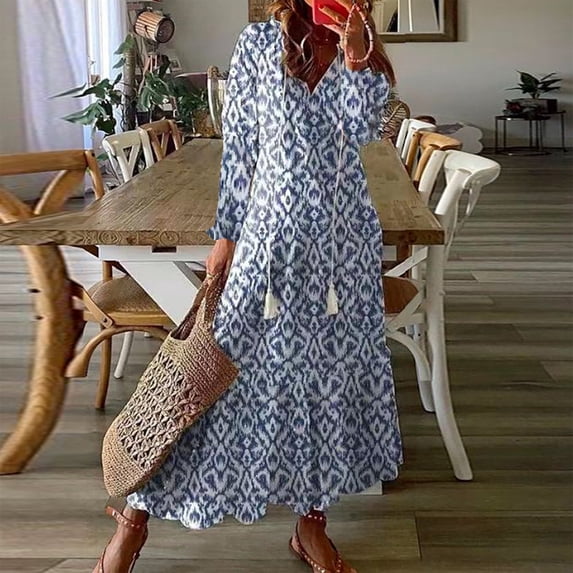 Brilliant Fall Dresses for Women 2024 Maxi able Women's Casual V-Neck Loose Fitting Long Sleeved Printed Dress Blue L