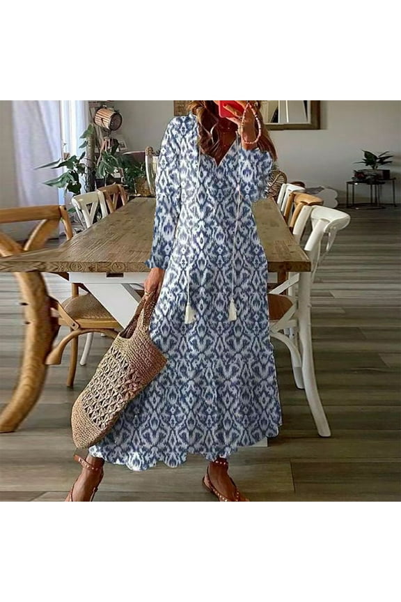 Brilliant Fall Dresses for Women 2024 Maxi able Women's Casual V-Neck Loose Fitting Long Sleeved Printed Dress Blue L
