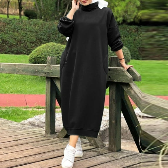 Brilliant Fall Dresses for Women 2024 Women's Plus Size Round Neck Winter Warm Color Long Sleeve Pocket Long Dress Black XXL