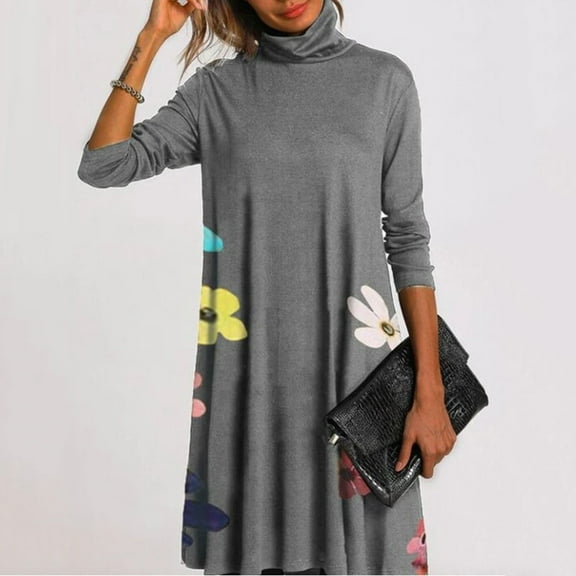 Brilliant Fall Dresses for Women Long Sleeve Women Lady Patchwork Printing Long Sleeve TurtleNeck Dress Gray S