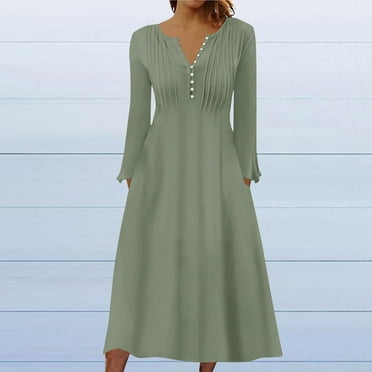 Brilliant Fall Dresses for Women Long Sleeve Women's Casual Round Neck Long Sleeve Buttoned Folding Printed Dresses Green S