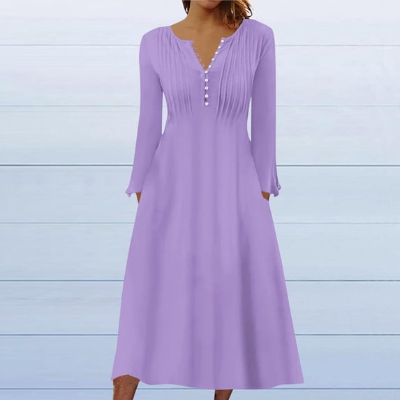 Brilliant Fall Dresses for Women Long Sleeve Women's Casual Round Neck Long Sleeve Buttoned Folding Printed Dresses Purple L