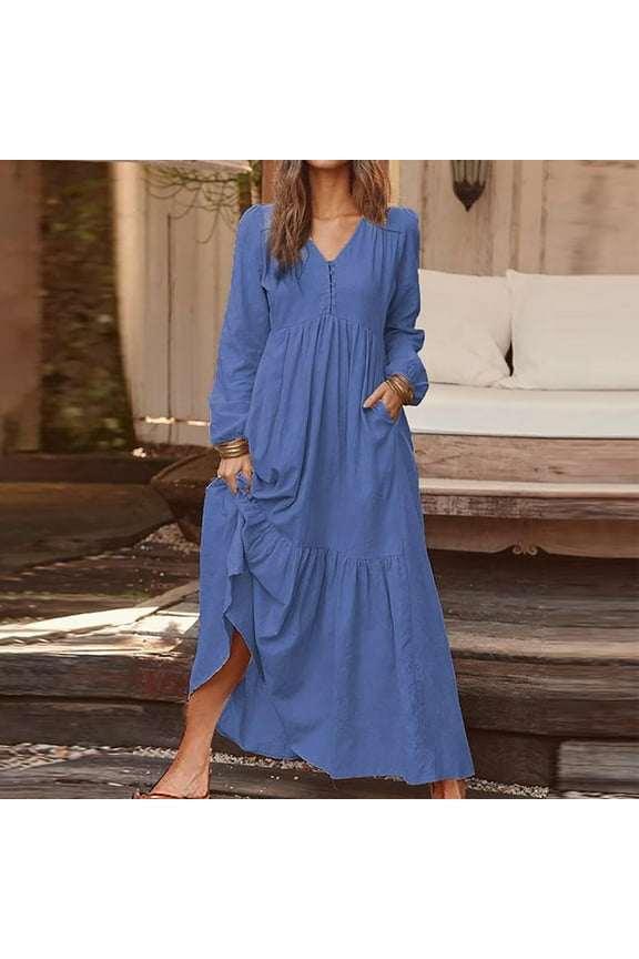 Brilliant Fall Dresses for Women Plus Size Maxi Tiered Skirt Women's Dresses Casual Long Sleeve Color V Neck Long Dress Blue L