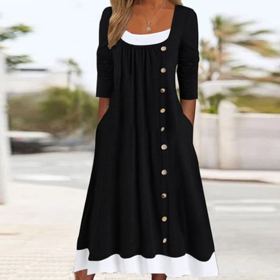 Brilliant Fall Dresses for Women Plus Size Maxi Women's Casual Crew Neck Long Sleeve Pullover Patchwork Pleated Solid Color Button Dress Black XL
