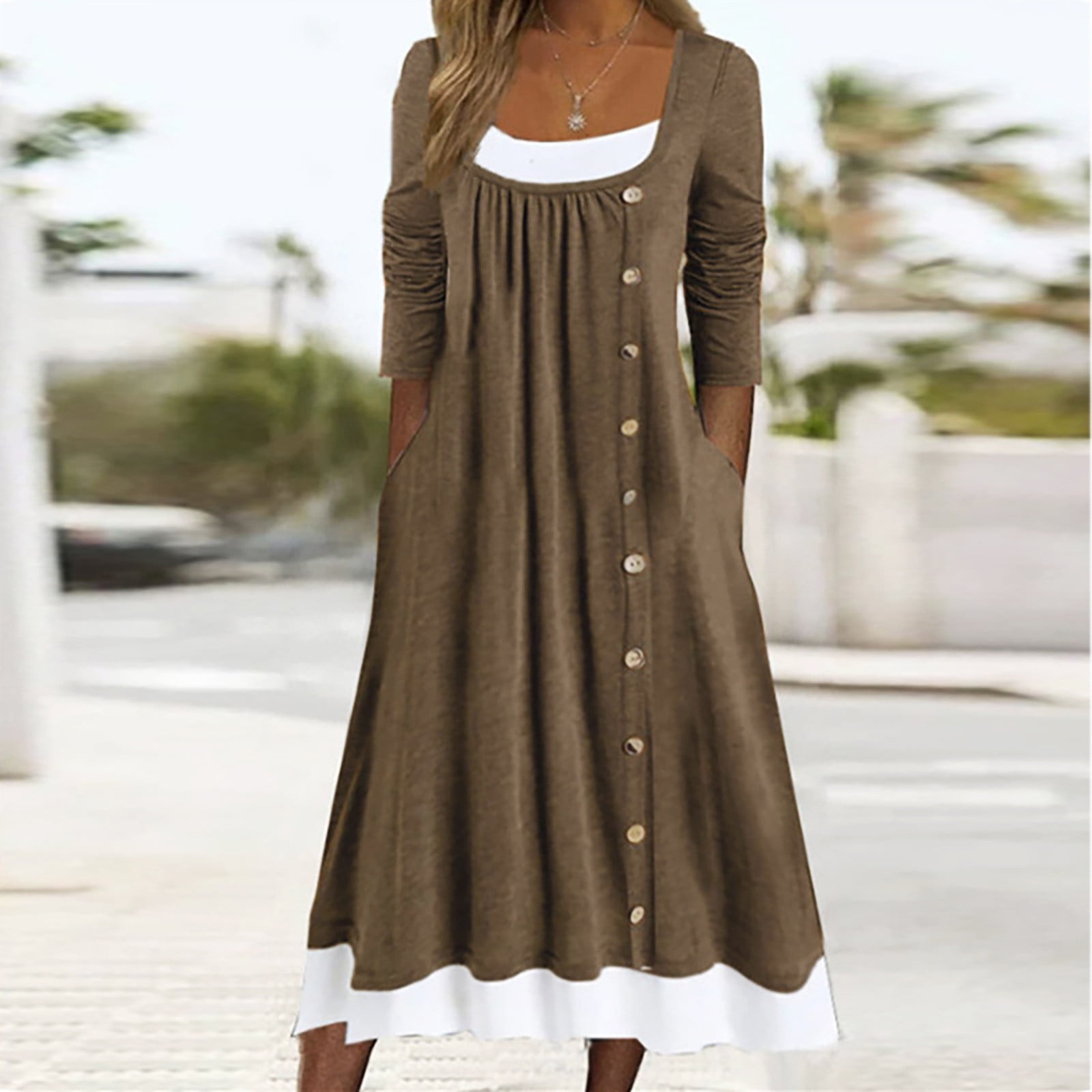 plus fall dresses Beauttable Brilliant Fall Dresses for Women Plus Size Maxi Women's Casual Crew Neck Long Sleeve Pullover Patchwork Pleated Solid Color Button Dress
