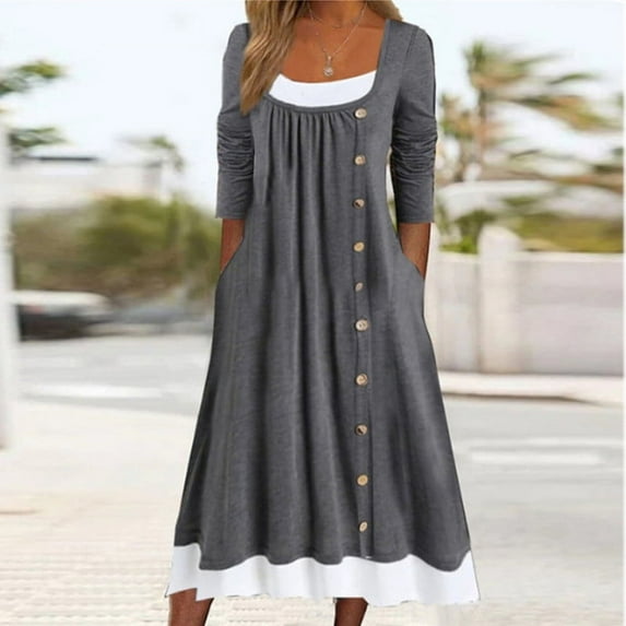 Brilliant Fall Dresses for Women Plus Size Maxi Women's Casual Crew Neck Long Sleeve Pullover Patchwork Pleated Solid Color Button Dress Gray XXL