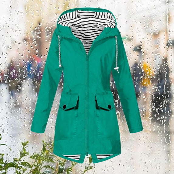 Brilliant Fall Tops for Women New Arrivals Plus Size Women Solid Color Rain Jacket Outdoor Hooded Windproof Loose with Pocket Coat Green XXL