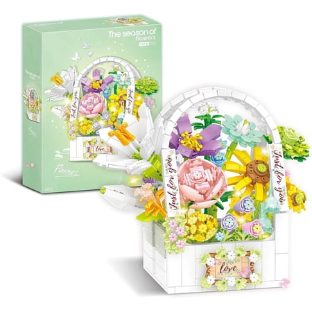 Brilliant Flower Basket Building Set, Plant Building Set, Succulent Building Set, Blooming Flower Building Set With LED Light, 1416PCs Bricks Flower Building Blocks, Gift for Kids (Seasonof Flowers)