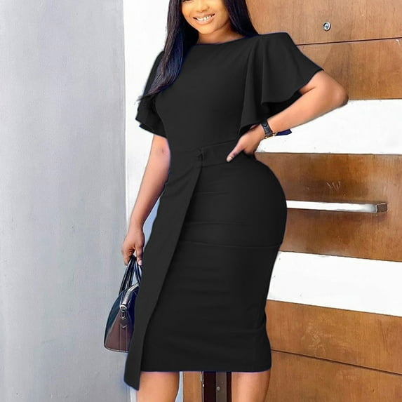 Brilliant Formal Dresses for Women Midi Women Color Round Neck Temperament Commuting To Work Dress Black S