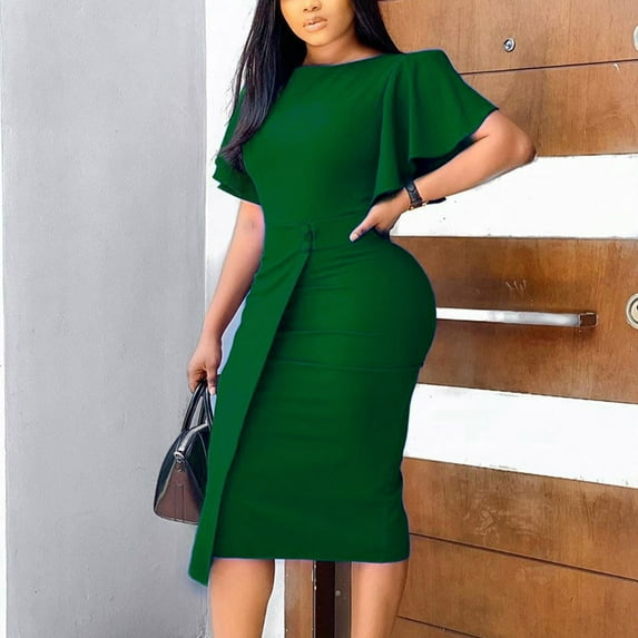 Brilliant Formal Dresses for Women Midi Women Color Round Neck Temperament Commuting To Work Dress Green M