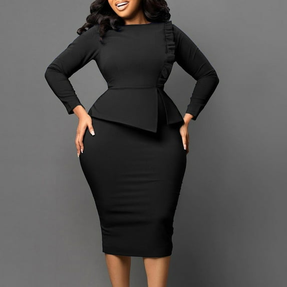 Brilliant Formal Dresses for Women Midi Women Long Sleeved Color Round Neck Temperament Commuting To Work Dress Black S