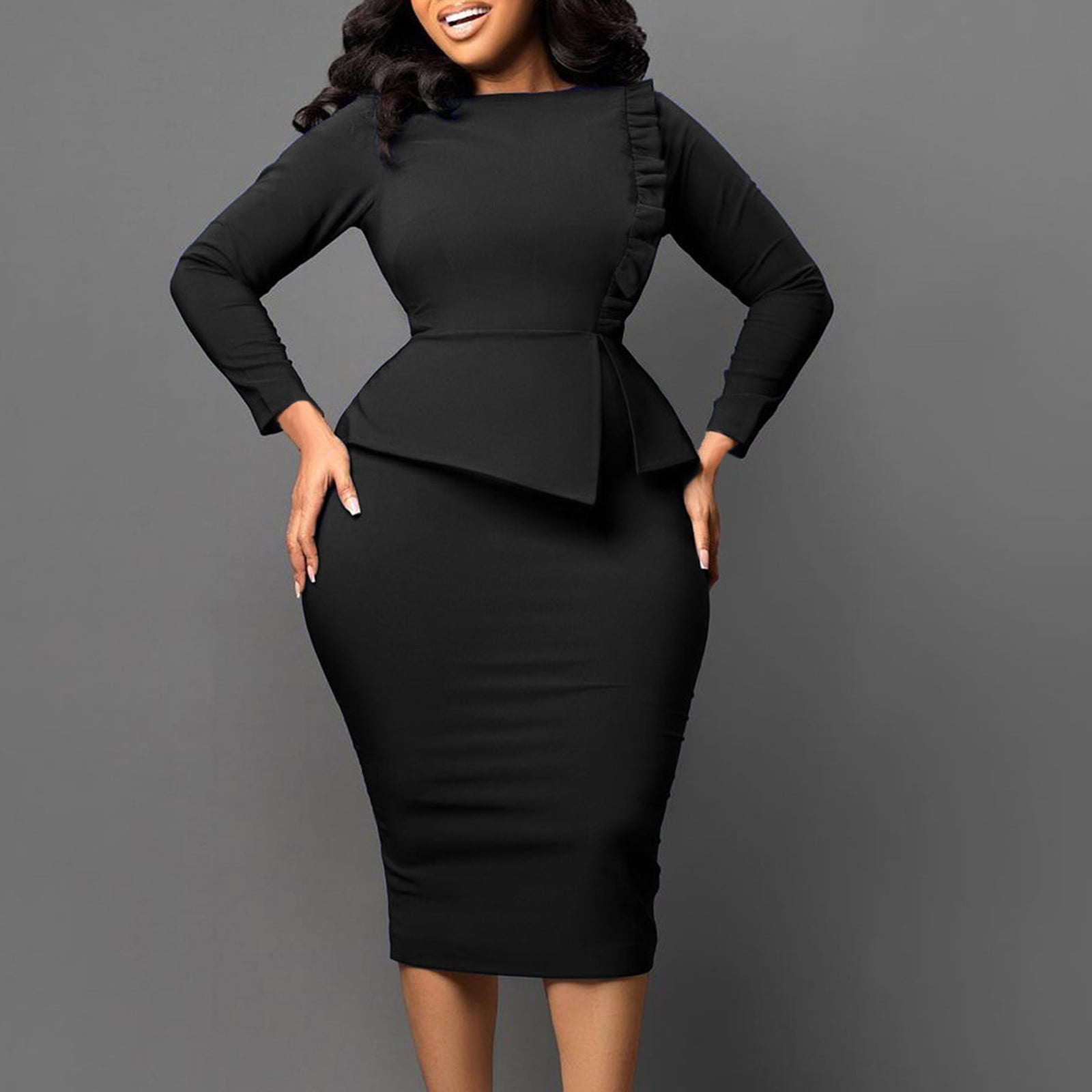 Brilliant Formal Dresses for Women Midi Women Long Sleeved Color Round Neck  Temperament Commuting To Work Dress Black XXL - Walmart.com