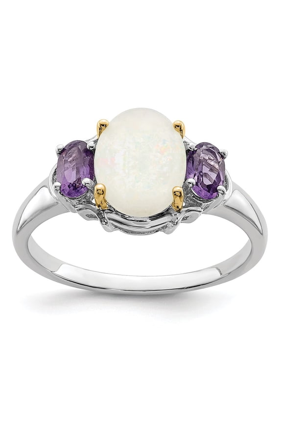 Brilliant Gemstones Sterling Silver with 14K Accent Rhodium-plated Opal and Amethyst Ring