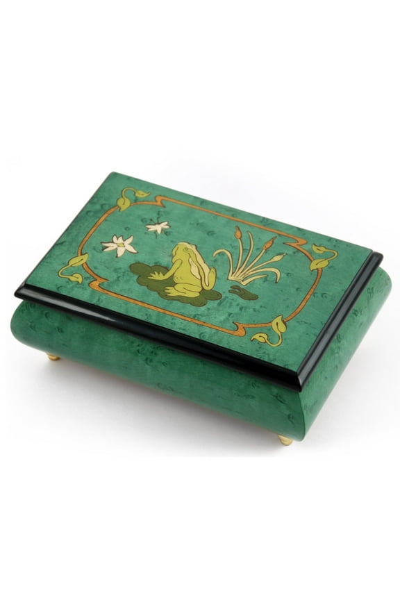 Brilliant Green Stain 30 Note Musical Jewelry Box with Frog on Lily Pad with Fireflies Wood Inlay - God Bless America