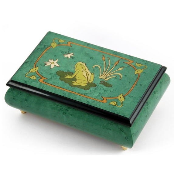 Brilliant Green Stain Musical Jewelry Box with Frog on Lily Pad with Fireflies Wood Inlay - You're Nobody Til Somebody Loves You