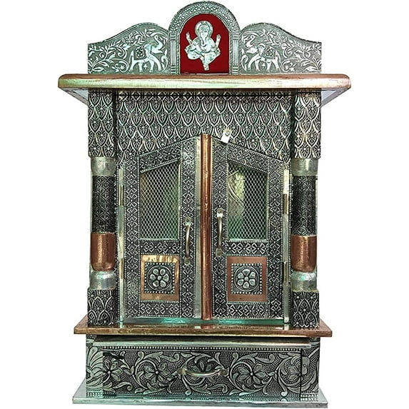 Brilliant Home Designs Aluminium & Copper Oxidized Home Temple Mandir/Ghar Mandir/Pooja Mandir Size- L-10 inches B-6 inches Door
