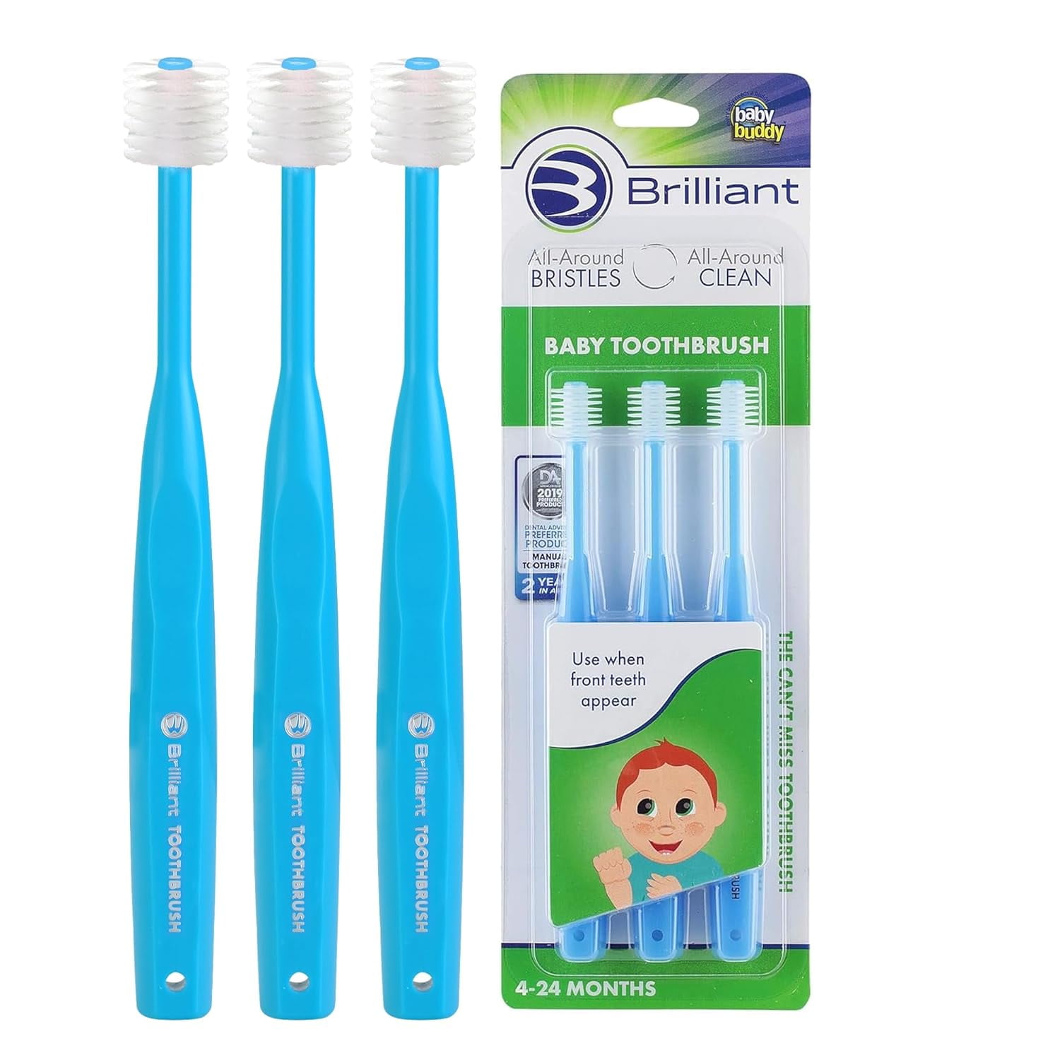 Brilliant Baby Toothbrush for 4-24 Months, Soft Bristles, Round Head, Blue, 3 Count