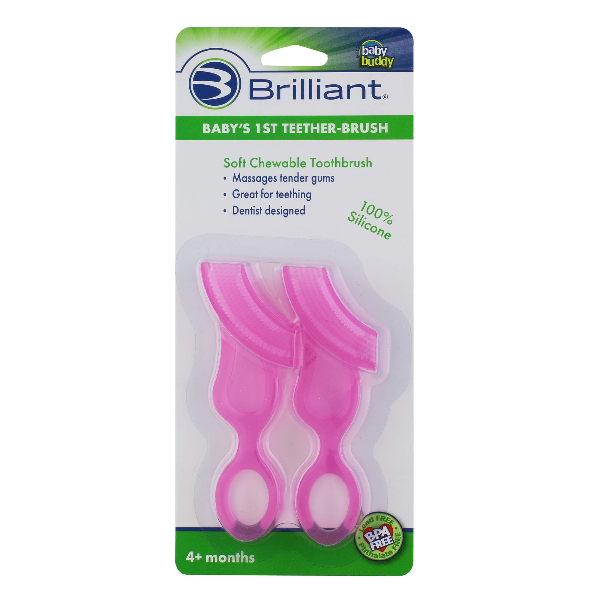 Brilliant Infant Babys 1st Toothbrush Teether, BPA-Free Silicone, Chewable, Brush, Pink, 2 Count
