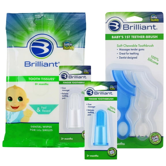 Brilliant Infant Bundle with Tooth Tissues 30Ct, Soft Silicone Finger & 1st Toothbrushes, Blue-Clear