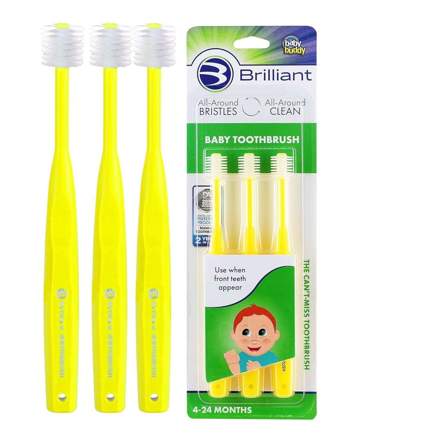 Brilliant Baby Toothbrush for 4–24 Months, Soft Bristles, Yellow, 3 Count
