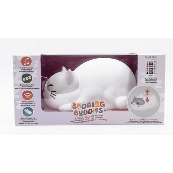 Brilliant Innovations Snoring Buddies Sleeping Cat Sound Machine and Night Light, Wireless Bluetooth Speaker, Touch-Activated Color Changing, and Remote Control