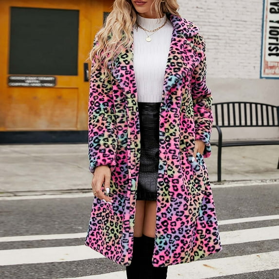 Brilliant Jackets for Women Plus Size Womens Ladies Warm Faux Furry Long Coat Jacket WInter Solid V-Neck Outerwear Pink XXXL