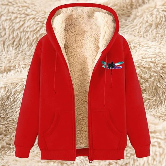 Brilliant Jackets for Women Winter Women's Long Hoodies Tunic WInter Warm Fleece Lined Zip Up Hooded Sweatshirt Jacket Coat Red L