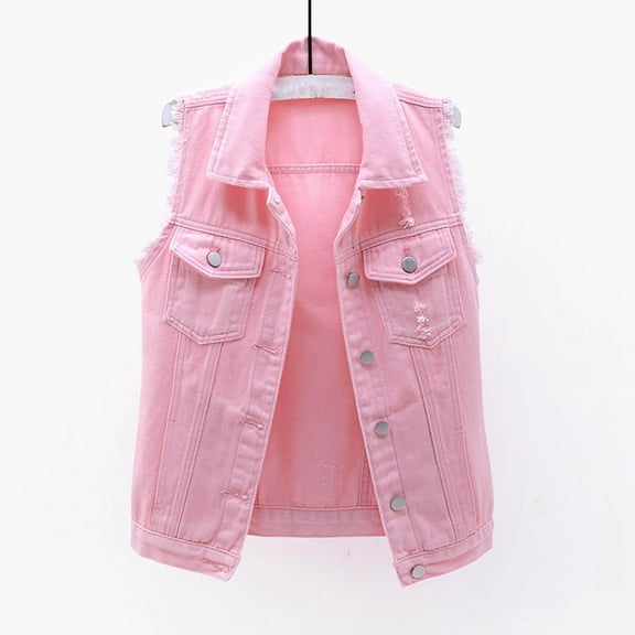 Brilliant Jean Jacket for Women Cropped Denim Jackets Women Spring and Solid Sleeveless Jacket Outerwear Pink M
