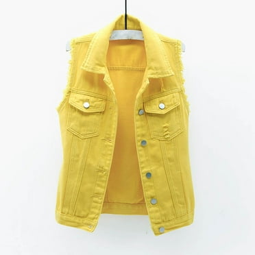 Brilliant Jean Jacket for Women Cropped Denim Jackets Women Spring and Solid Sleeveless Jacket Outerwear Yellow M