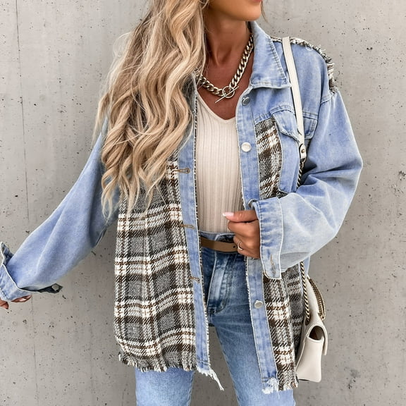 Brilliant Jean Jacket for Women Plus Size Denim Jackets Spring 2025 Women Casual Pockets Printed Long Sleeve Tops Jacket Plaid Coat Blue S