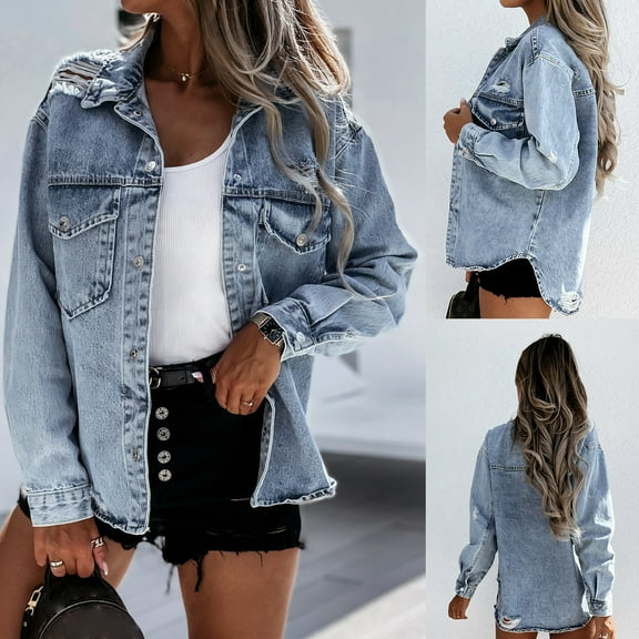 Brilliant Jean Jacket for Women Trendy Denim Jackets Ladies Spring 2025 Casual Solid Color Long Sleeve Pocket Button Jacket Coat Blue L