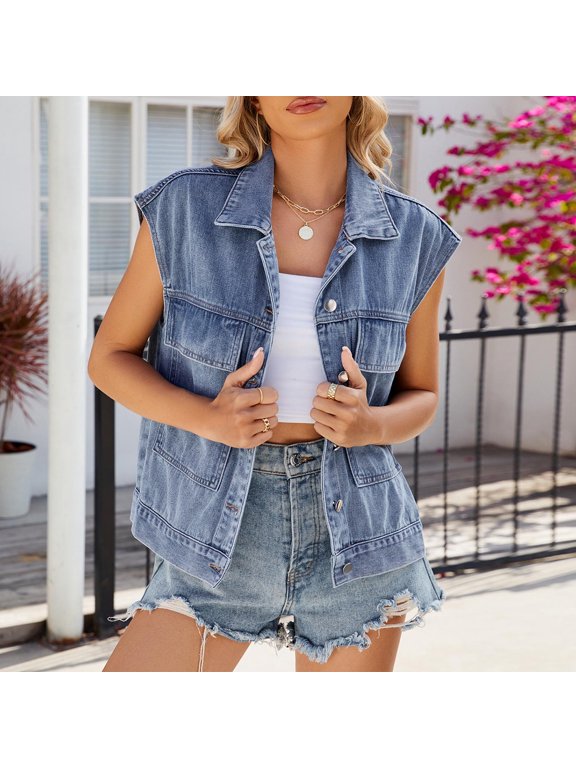 Brilliant Jean Jacket for Women Trendy Denim Jackets Women's Spring 2025 Spring Summer Sleeveless Jean Jacket Blue M