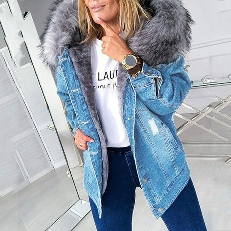 Brilliant Jean Jacket for Women with Faux Fur Denim Jackets Women s and Thick Long Sleeved Collar Denim Solid Color Jacket Blue XXXL Walmart