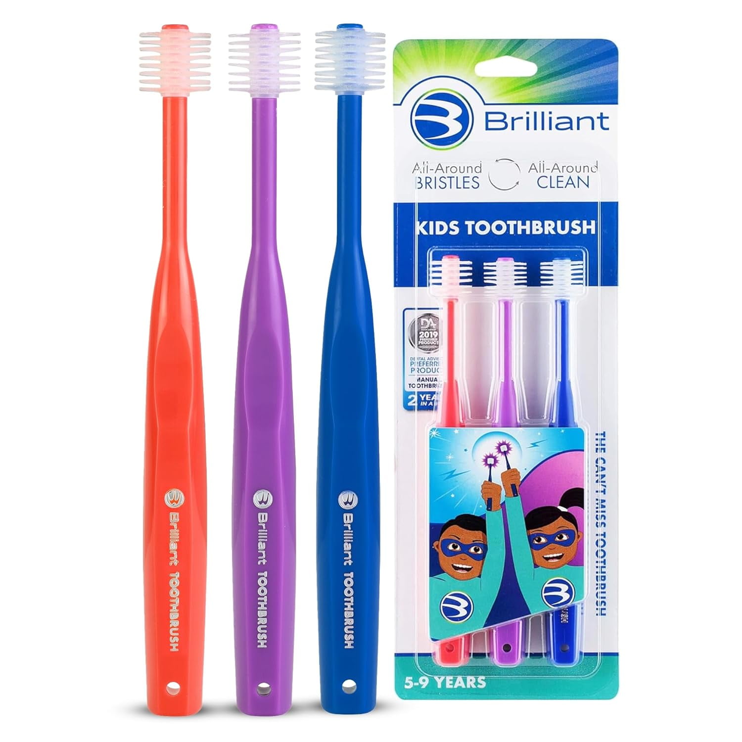 Brilliant Kids Toothbrush, Microfiber Soft Bristles, Round Head, 5 to 9 Years, Red Purple Royal, 3 Count