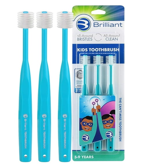 Brilliant Kids Toothbrush for Ages 5-9 Child, Round Head, Soft Bristles, Teal, 3 Pack