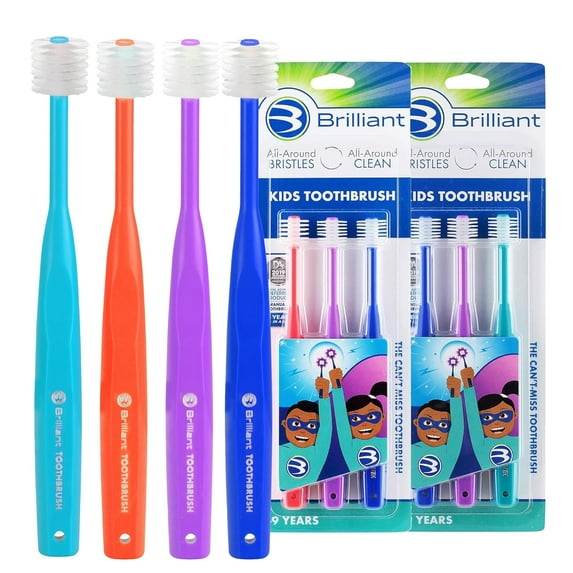 Brilliant Kids Toothbrush for Ages 5-9 Years, Round Head, Microfiber Bristles Clean All-Around Mouth,Multi-Color, 6 Pack