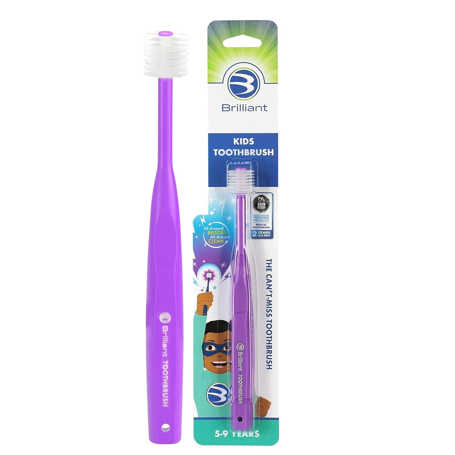 Brilliant Kids Toothbrush for Ages 5-9 Years, Round Head, Microfiber Bristles Clean All-Around Mouth, Purple, 1 Pack