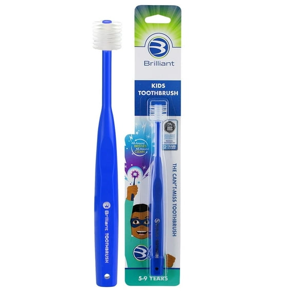 Brilliant Kids Toothbrush for Ages 5-9 Years, Round Head, Microfiber Bristles Clean All-Around Mouth, Royal, 1 Pack