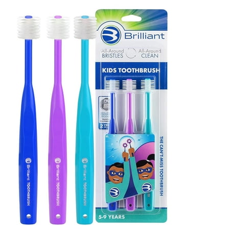 Brilliant Kids Toothbrush, Microfiber Bristles, Round Head, 5 to 9 Years, Royal Purple Teal, 3 Count