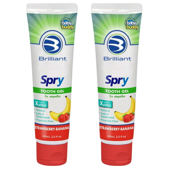 Brilliant Kids Toothpaste Gel by Spry, With Xylitol, Fluoride Free, Safe If Swallowed, Natural, Strawberry Banana, 2pk