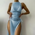 thumbnail image 1 of Brilliant Ladies Fashion Solid Color Lacing Split Bikini Sexy Women's Swimsuit Mesh Smock Suit Summer 2024(Blue,XL), 1 of 9